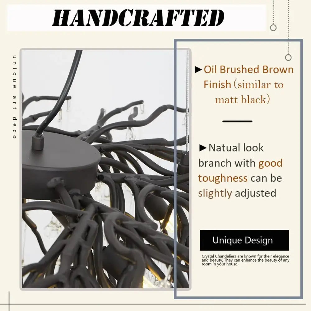 Decorbites crystal chandelier oil brushed brown handcrafted with natural branch design and crystal accents for living room