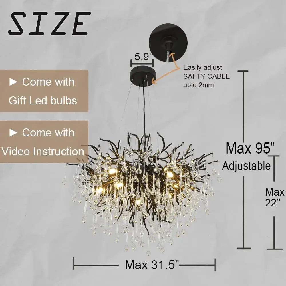 Black wrought iron decorbites crystal chandelier with cascading clear crystal droplets and LED bulbs for living room and dining table