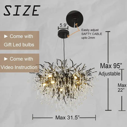 Black wrought iron decorbites crystal chandelier with cascading clear crystal droplets and LED bulbs for living room and dining table