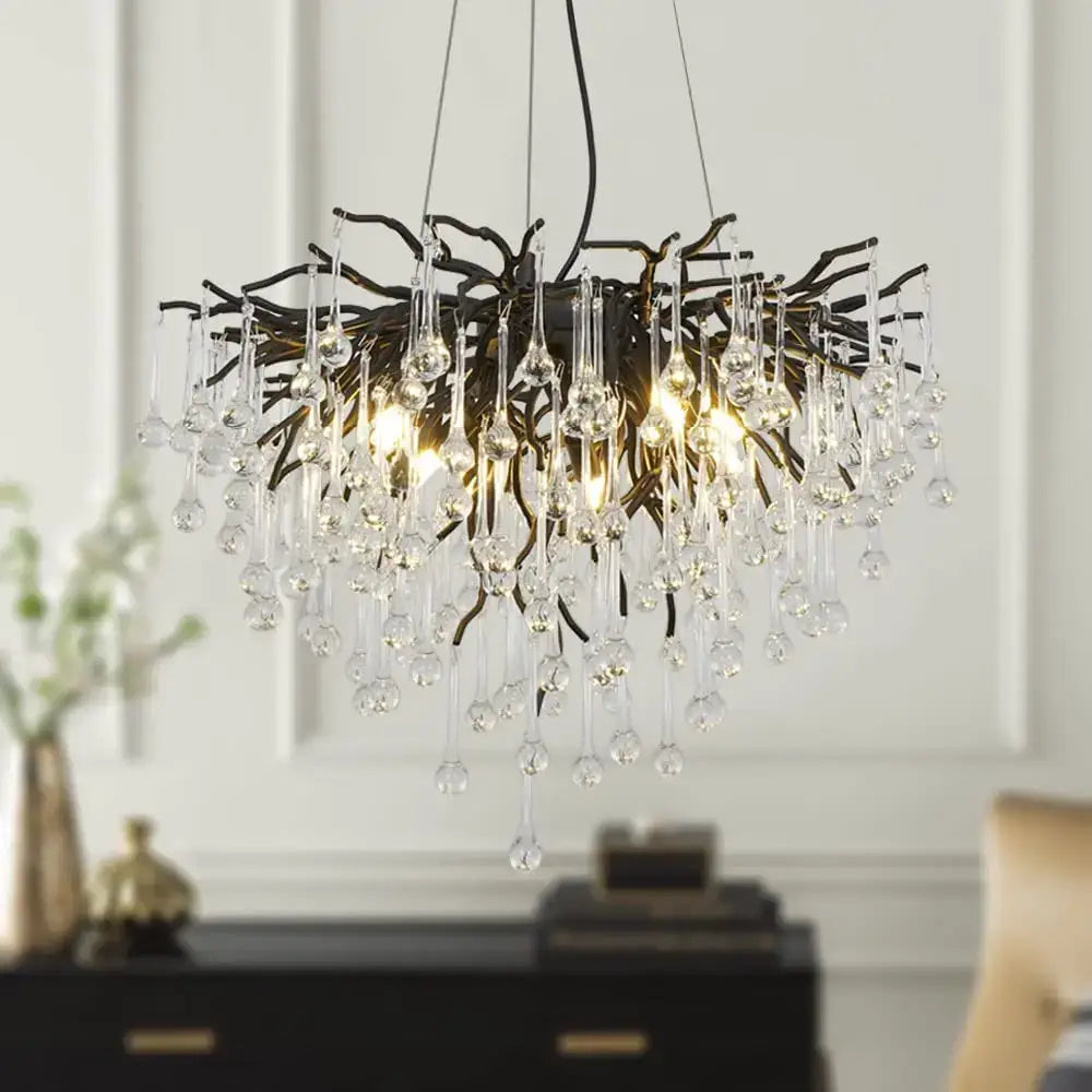 Elegant black decorbites crystal chandelier with cascading clear crystal droplets for living room and dining table lighting