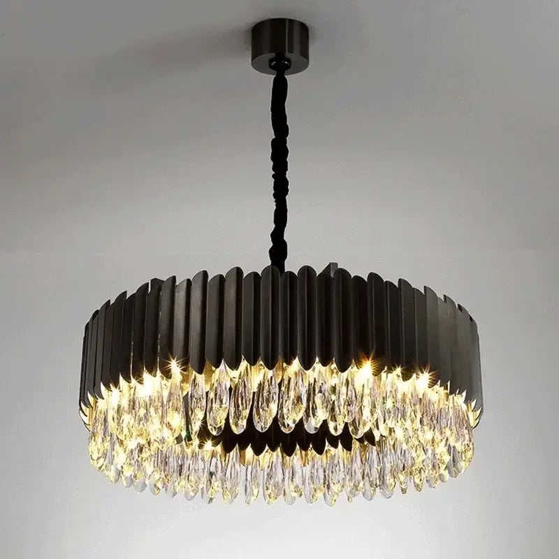 Black metal DecorBites crystal chandelier with cascading clear crystal droplets pendant light for living room or bedroom