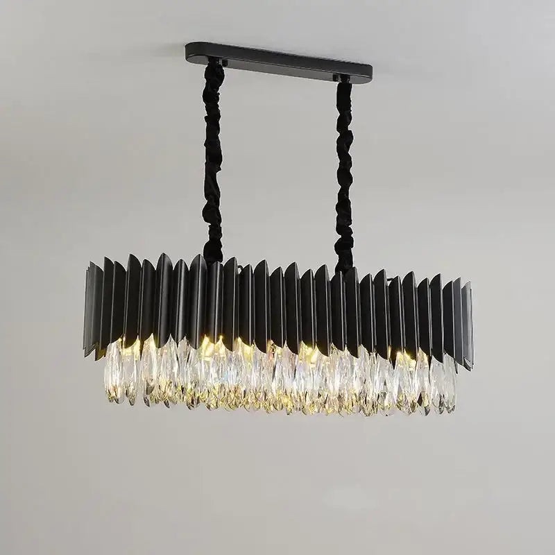 Black metal DecorBites crystal chandelier pendant light with vertical crystal droplets and sleek panels for living room