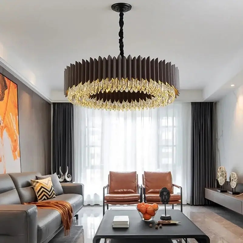 Decorbites crystal chandelier pendant light with dark brown ribbed frame and cascading golden crystal droplets for living room
