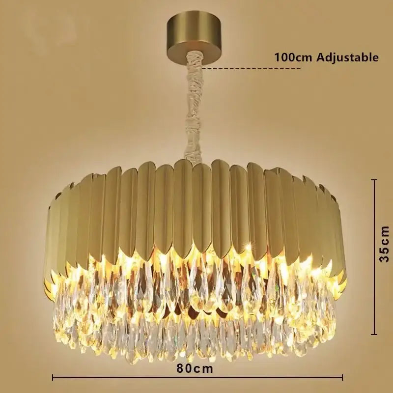 Gold-toned decorbites crystal chandelier pendant light with circular metal frame and cascading clear crystal droplets for living room