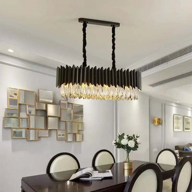 Black metal decorbites crystal chandelier with cascading crystal droplets pendant light for living room or bedroom