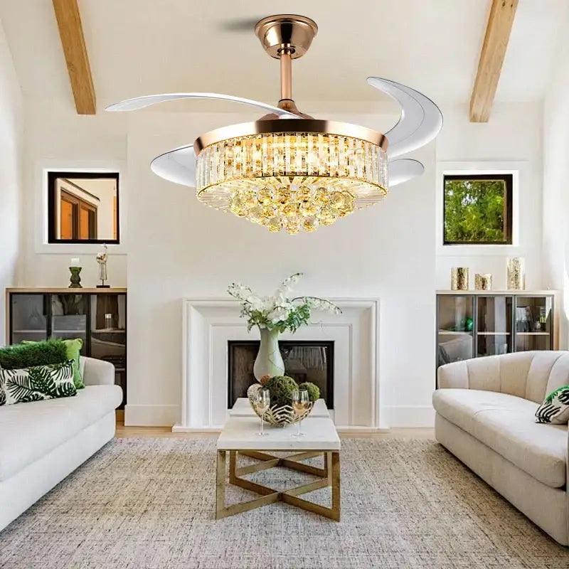 A modern DecorBites crystal chandelier ceiling fan with rose gold finish and dimmable LED lighting remote control