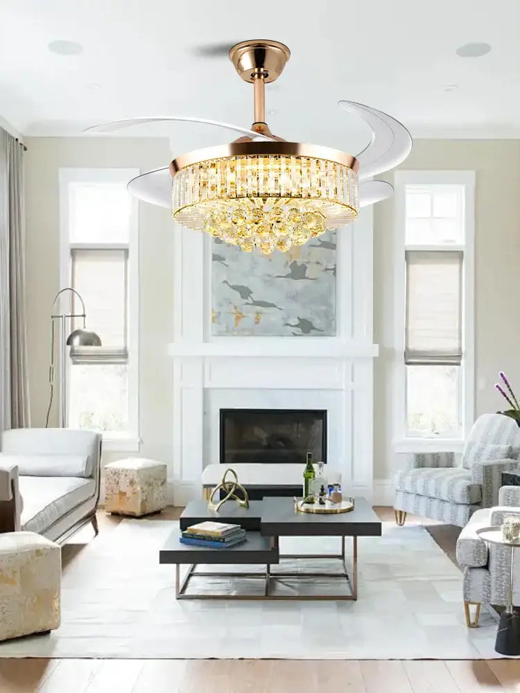Gold-toned decorbites crystal chandelier ceiling fan with white blades and dimmable led lighting with remote control