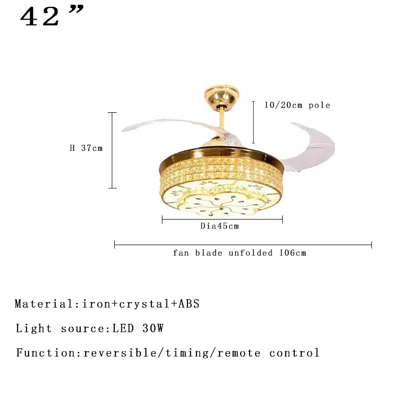 Gold-toned DecorBites crystal chandelier ceiling fan with crystal-encrusted light and translucent white blades