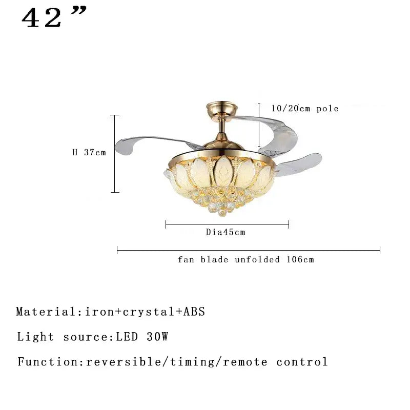 DecorBites crystal chandelier ceiling fan with 42 inch gold-toned iron frame, dimmable LED light, and translucent ABS blades