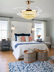 Brass-finished decorbites crystal chandelier ceiling fan with white blades and dimmable led lighting remote control