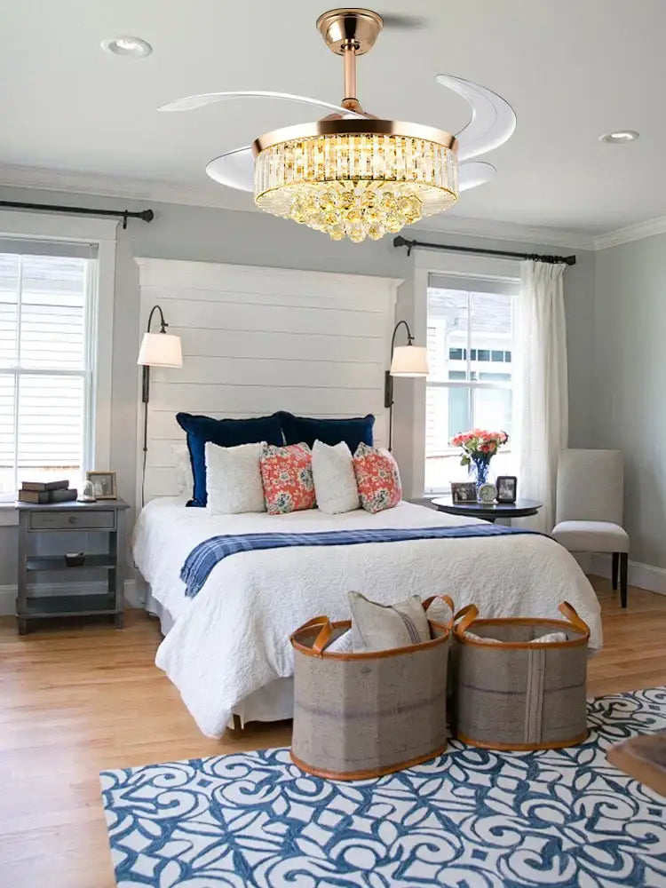 Brass-finished decorbites crystal chandelier ceiling fan with white blades and dimmable led lighting remote control