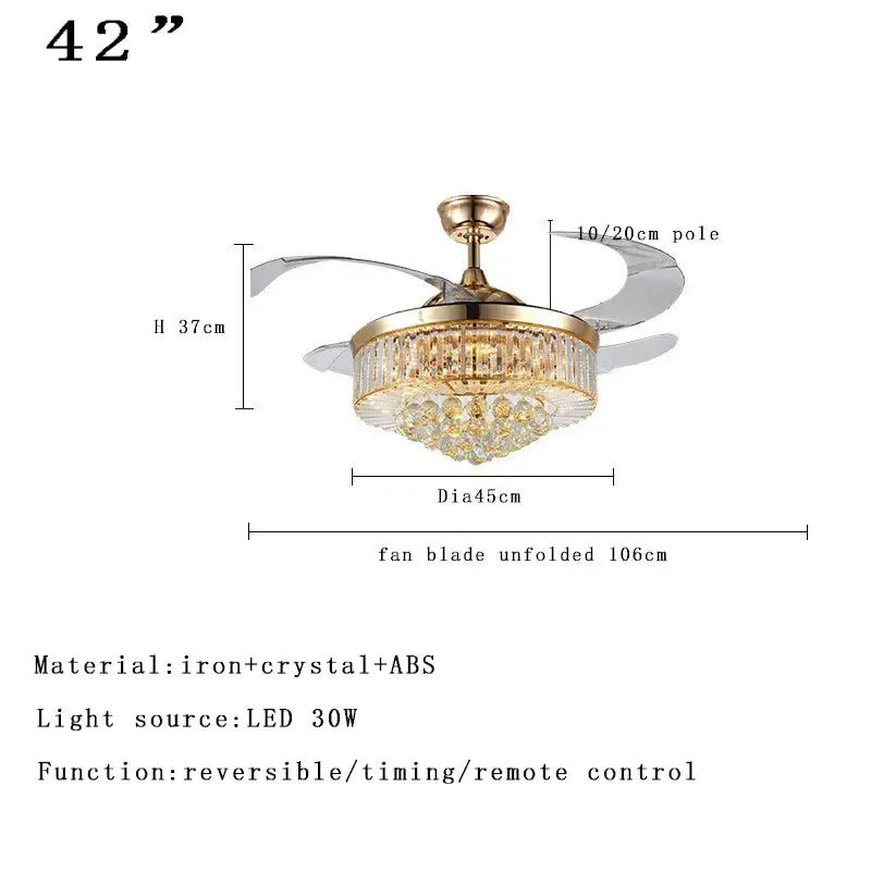 42-inch decorbites crystal chandelier ceiling fan with gold-toned iron frame, clear crystal accents, and translucent ABS blades