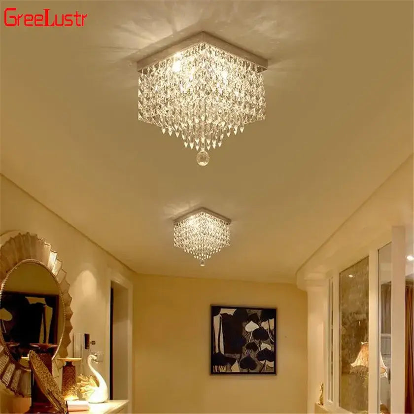 Decorbites crystal chandelier ceiling lamp with square metallic frame and dangling teardrop crystals for home decor