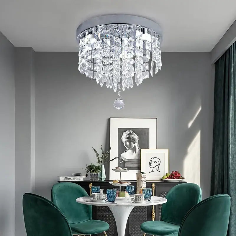 Decorbites crystal chandelier ceiling lamp with sleek chrome base and cascading clear faceted crystals for home decor