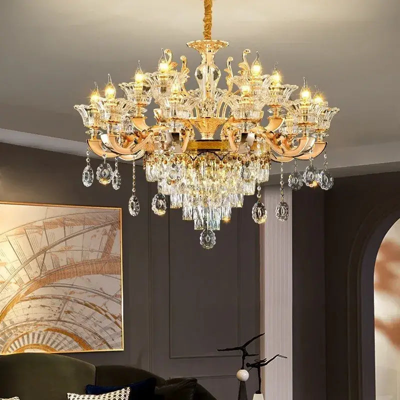 Gold-toned decorbites crystal chandelier ceiling light with intricate crystal droplets and warm lit bulbs for living spaces