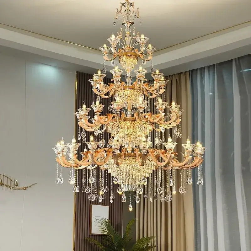 DecorBites crystal chandelier ceiling light with gold-toned metal arms and clear crystal droplets for living and dining rooms