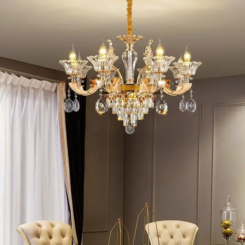 Elegant decorbites crystal chandelier ceiling light with gold-toned metal and multi-tier glass ornaments for living spaces