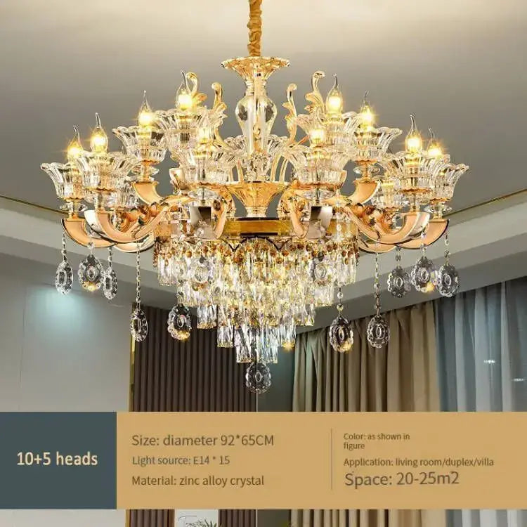Decorbites crystal chandelier ceiling light with golden zinc alloy frame and intricate crystal droplets for living spaces