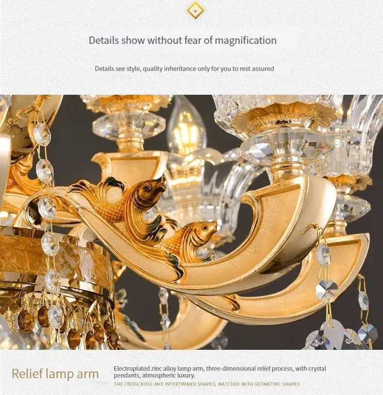 Golden electroplated zinc alloy lamp arm with 3D fish reliefs and crystal pendants in decorbites crystal chandelier ceiling light
