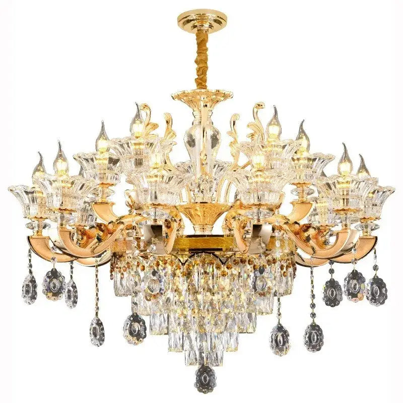 Gold-finished DecorBites crystal chandelier ceiling light with intricate crystal droplets and candle-style bulbs for living areas