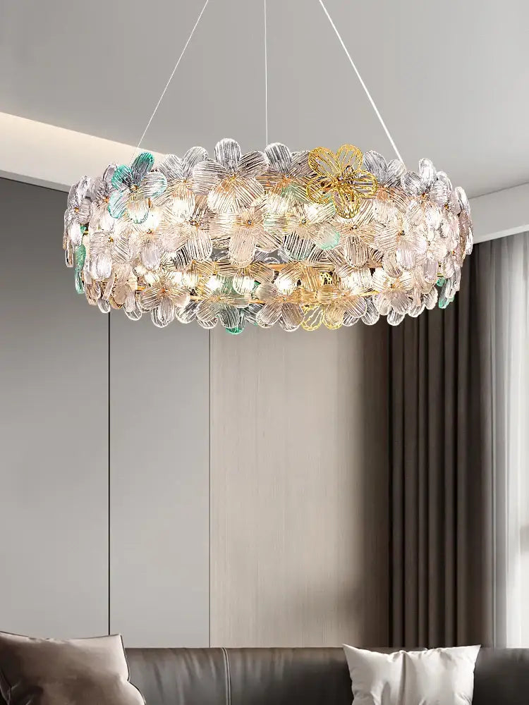 DecorBites crystal chandelier ceiling light with translucent glass flower petals in clear gold and teal for living spaces