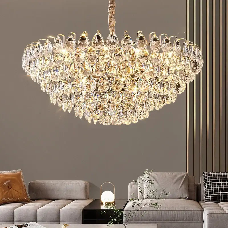 DecorBites crystal chandelier ceiling light with multi-tiered clear crystals and gold-toned metal frame for living room