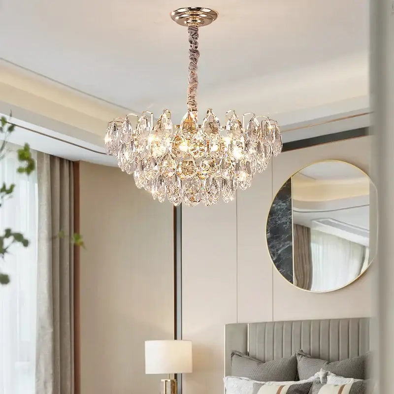 DecorBites crystal chandelier ceiling light with sparkling crystals gold-toned metal frame for living room and bedroom