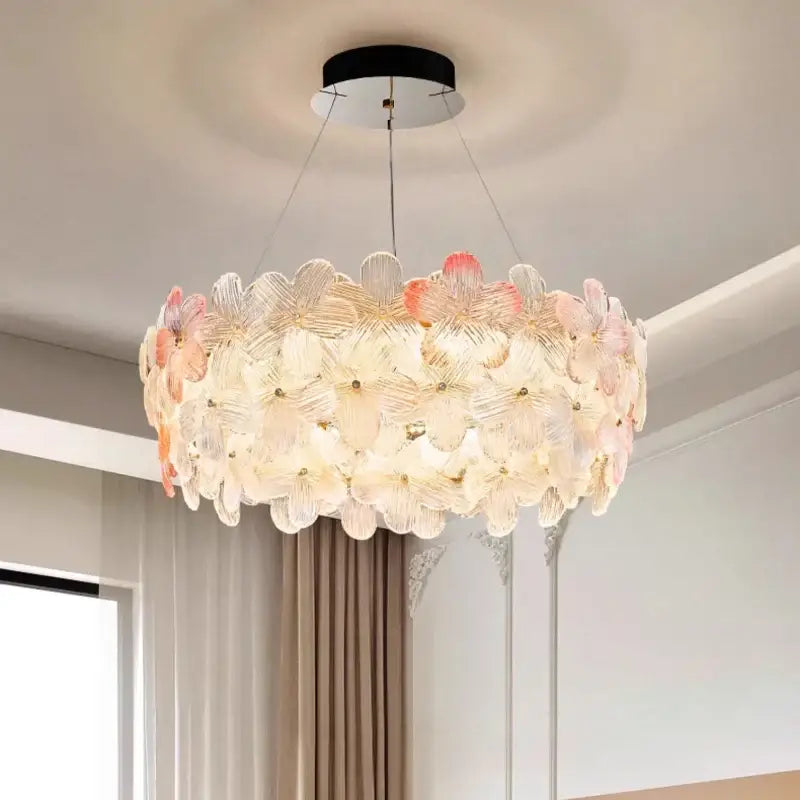 DecorBites crystal chandelier ceiling light features translucent pink and white glass petals for living rooms and hotels
