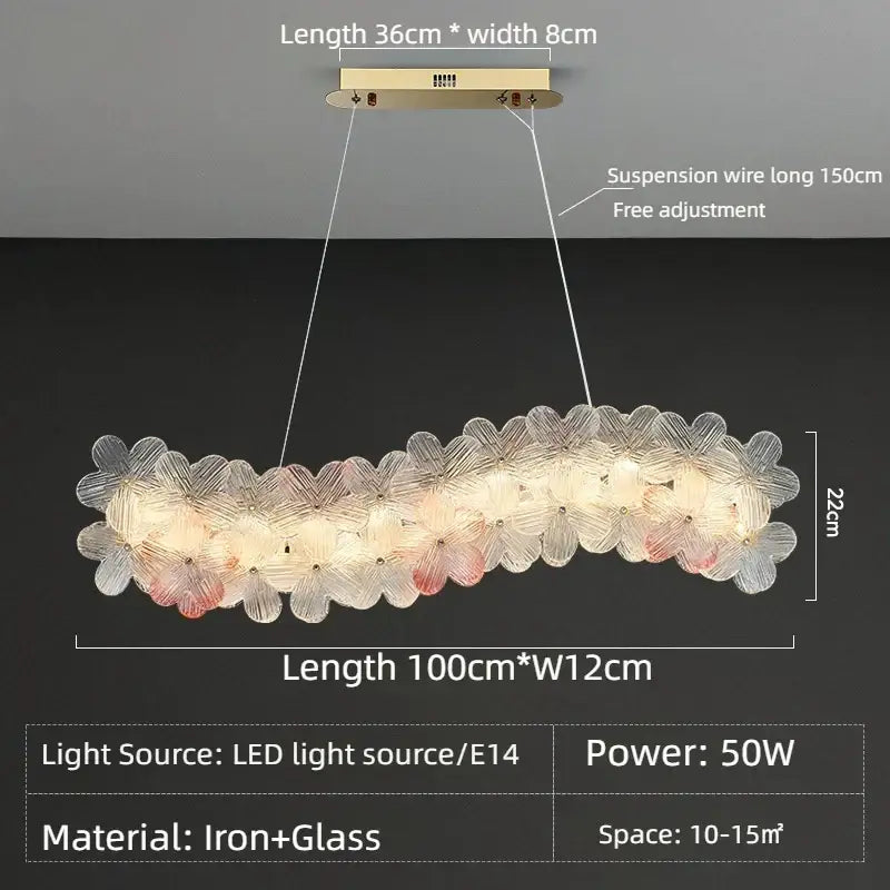 A decorbites crystal chandelier ceiling light with translucent white and pink glass petals and brass-finished mount