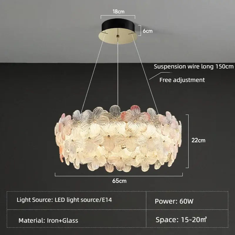 Decorbites crystal chandelier ceiling light with translucent pink and white glass petals for living room and hotel use