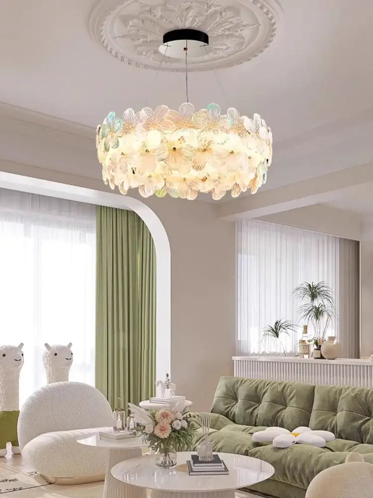 DecorBites crystal chandelier ceiling light with pastel glass petals and decorative medallion for living rooms and hotels