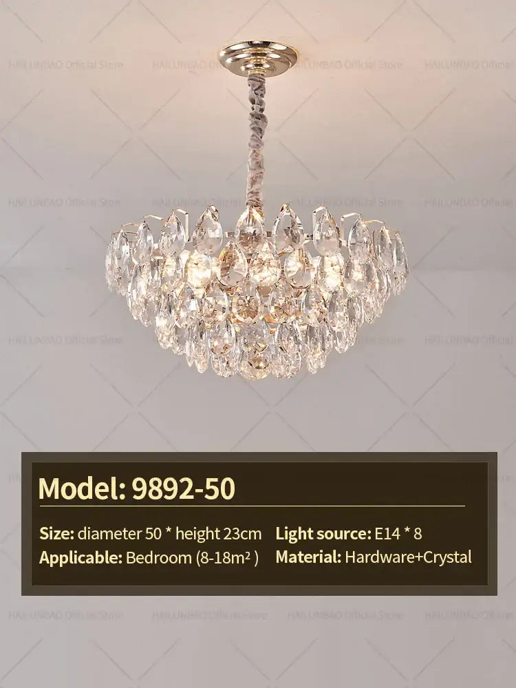 DecorBites crystal chandelier ceiling light with gold hardware and clear faceted crystal droplets for living room