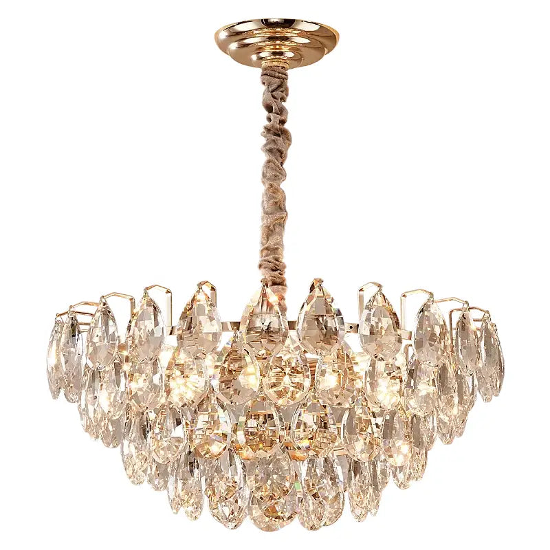 Gold-toned decorbites crystal chandelier ceiling light with twisted rope suspension and clear faceted crystal droplets