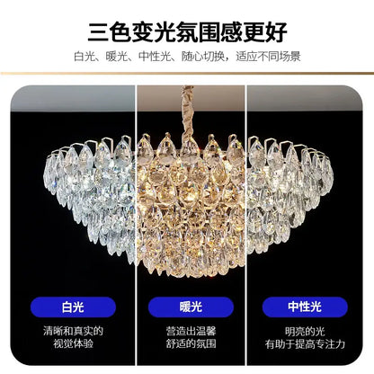 Decorbites crystal chandelier ceiling light with three tiers of faceted teardrop crystals in white warm and neutral lighting modes