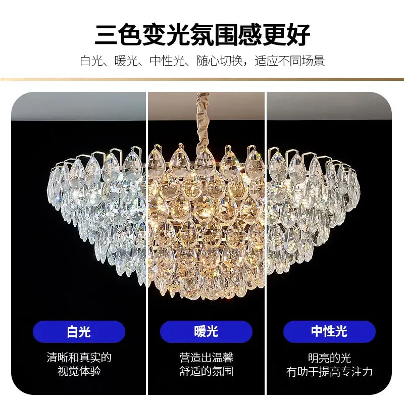 Decorbites crystal chandelier ceiling light with three tiers of faceted teardrop crystals in white warm and neutral lighting modes