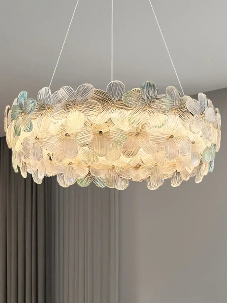 DecorBites crystal chandelier ceiling light with pastel glass petals and gold centers for living room and hotel use