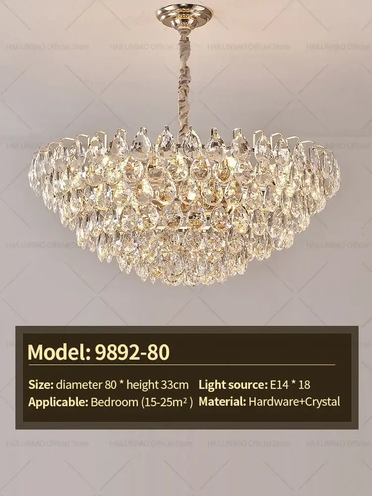 Elegant decorbites crystal chandelier ceiling light with multi-tiered crystals and polished brass finish for living room