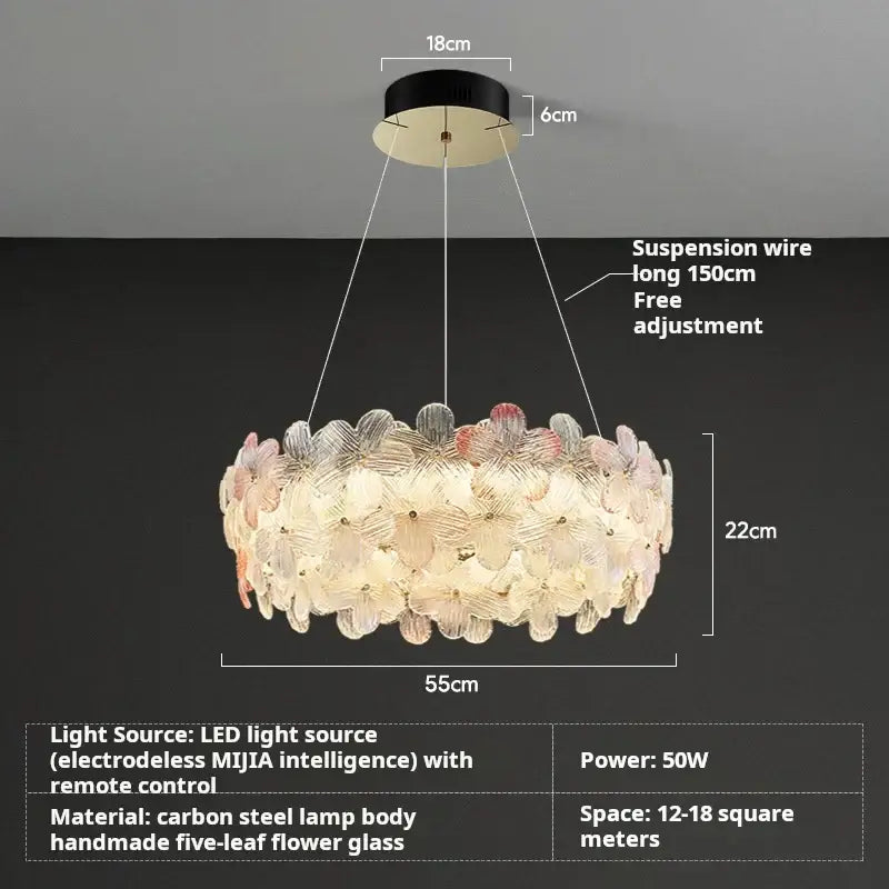 Decorbites crystal chandelier ceiling light with pastel pink and white flower glass pieces and black carbon steel base