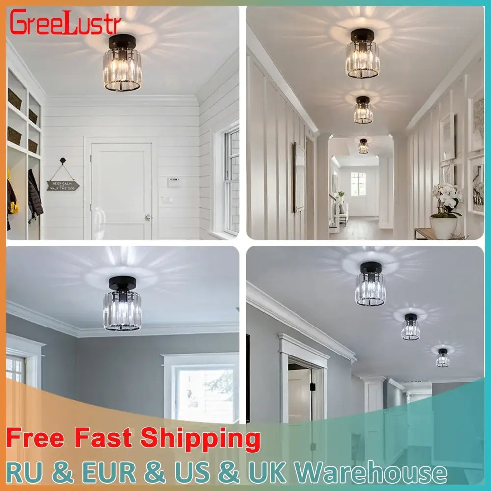 Decorbites crystal chandelier ceiling light featuring clear crystal glass pendant and black metal base for modern decor