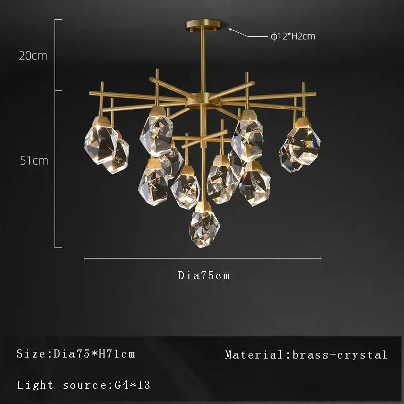 Decorbites crystal chandelier ceiling light features a modern geometric brass and crystal design for living rooms and dining areas