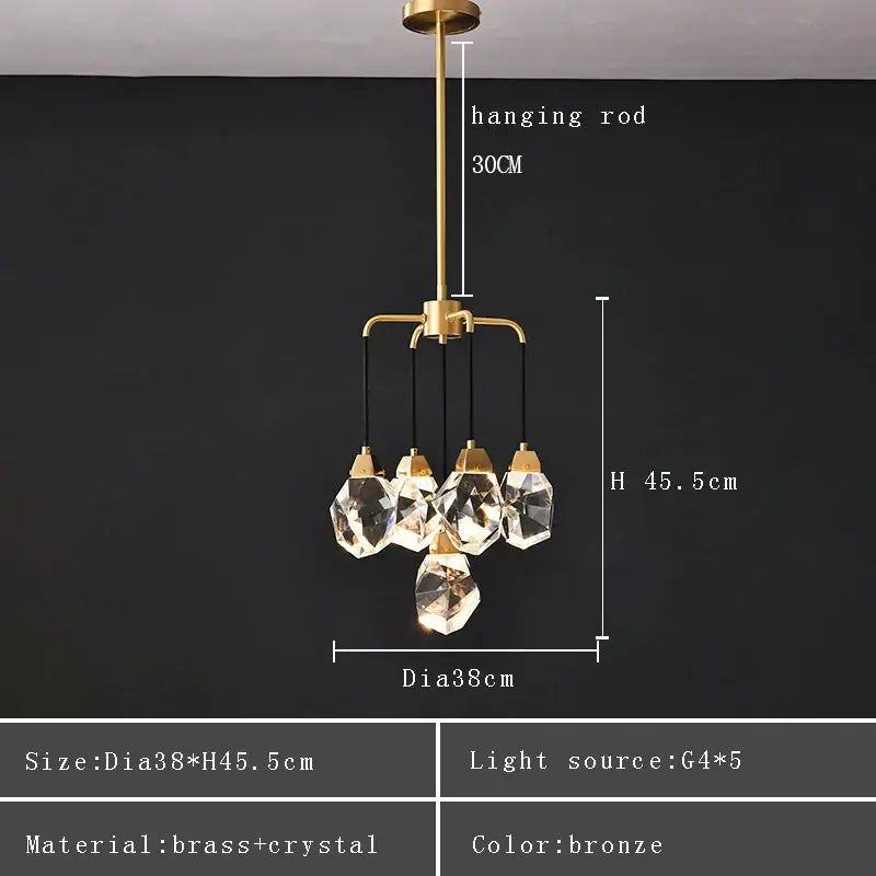 Bronze-finished brass decorbites crystal chandelier ceiling light with five faceted crystal droplets for living room
