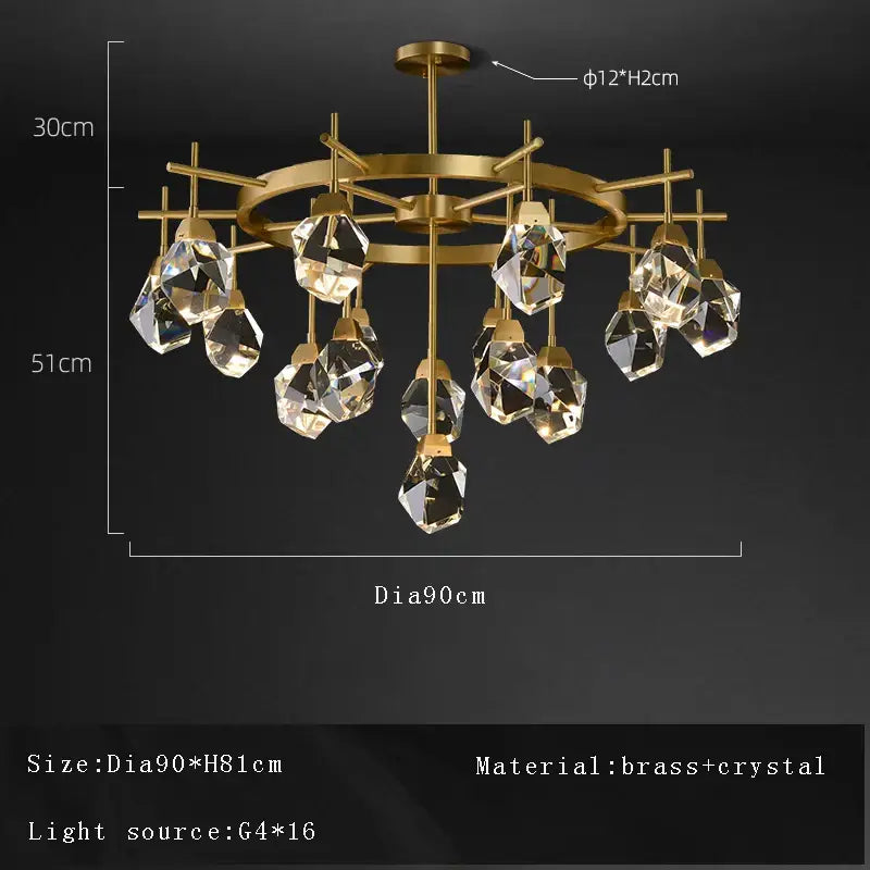 Bronze-finished brass decorbites crystal chandelier with faceted crystal droplets and black metal arms for ceiling light