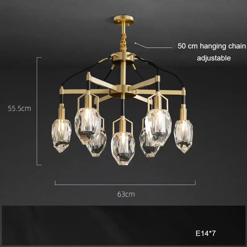 Gold-toned DecorBites crystal chandelier ceiling light with six faceted crystal glass shades for living room and dining area