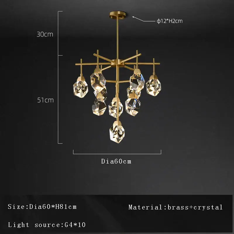 A modern brass decorbites crystal chandelier with faceted crystal droplets for living room chandelier ceiling light