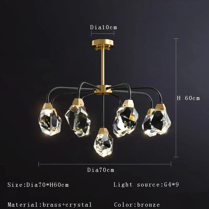 Decorbites crystal chandelier ceiling light in bronze brass with five faceted glass shades for living room and dining area