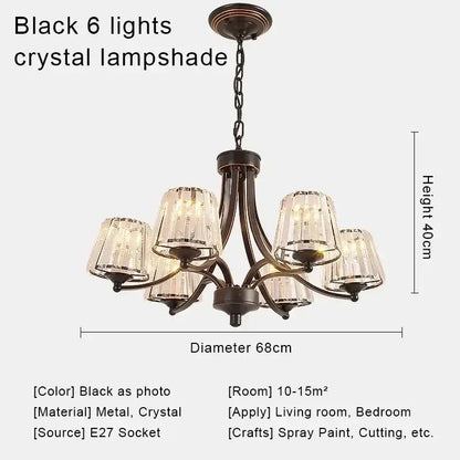 Black metal DecorBites crystal chandelier with six crystal lampshades for modern chandelier ceiling lights
