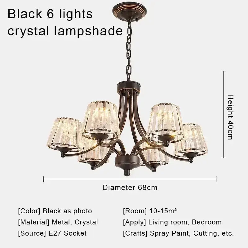 Black metal DecorBites crystal chandelier with six crystal lampshades for modern chandelier ceiling lights