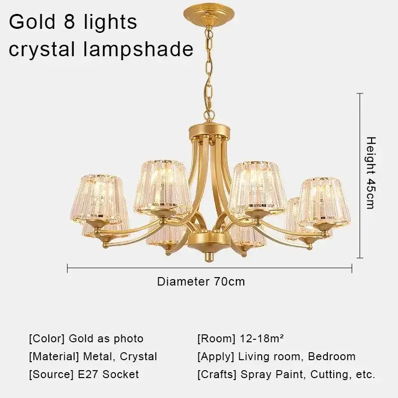 Gold decorbites crystal chandelier with eight crystal lampshades and metallic frame for modern chandelier ceiling lights
