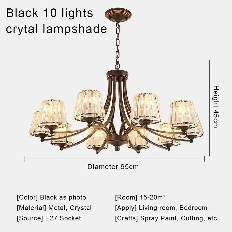 Black metal DecorBites crystal chandelier with ten crystal lampshades for modern living spaces chandelier ceiling lights