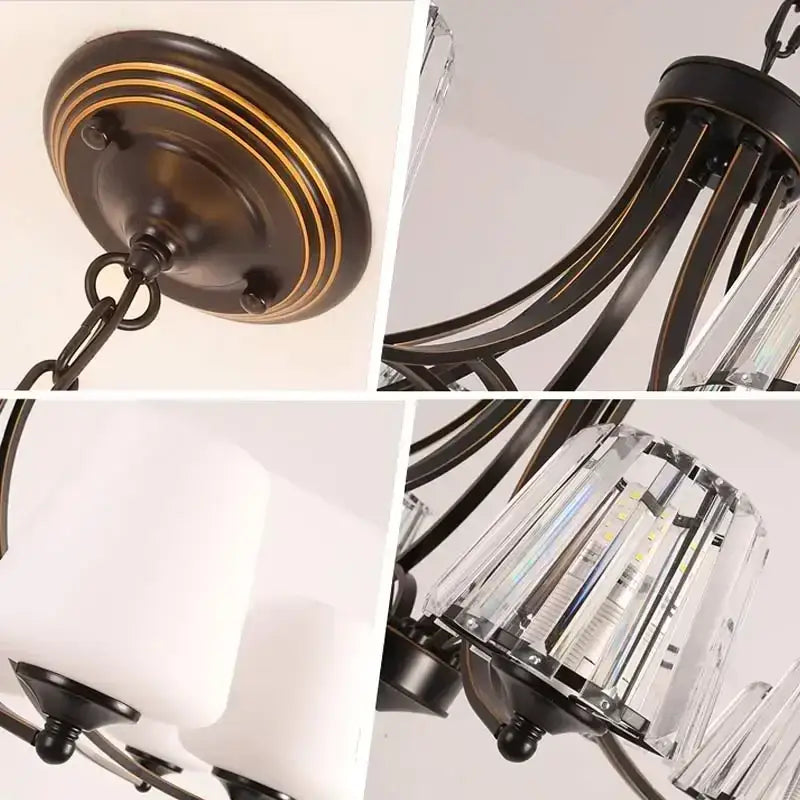 Antique bronze-finished decorbites crystal chandelier with clear crystal prisms and frosted glass shades for modern spaces